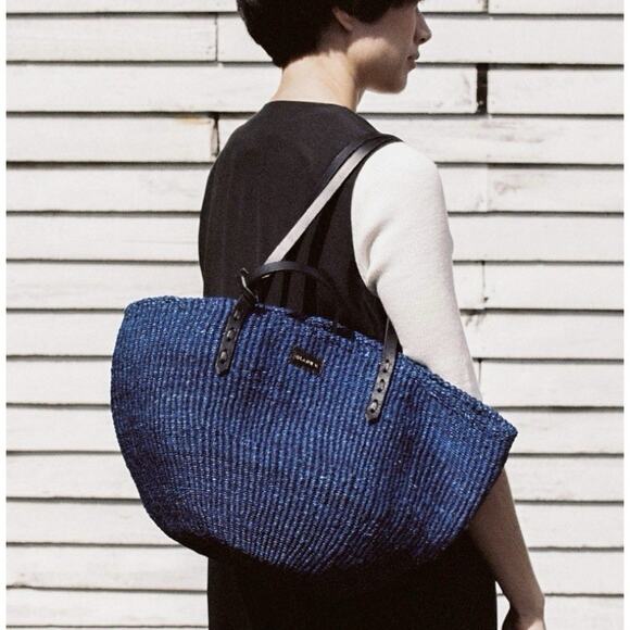 Clare V Kenya Blue Woven Straw Bag Purse Tote Coastal Preppy Tomato Girl - Picture 2 of 9
